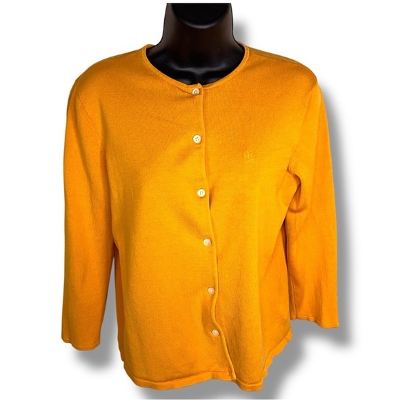 Small Lauren Ralph Lauren Silk Blend Yellow Knit Cardigan Button Front Preppy - Picture 1 of 14